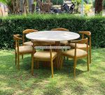 Meja Makan Bundar Top Marmer Minimalis Jati Jepara Set YMJ-SKM 109