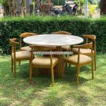 Meja Makan Bundar Top Marmer Minimalis Jati Jepara Set YMJ-SKM 109