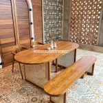 Set Meja Makan Minimalis 2 Kursi 1 Bangku Kayu Jati Kombinasi Rotan YMJ-SKM 106