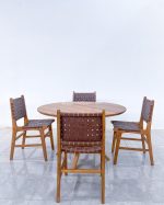 Set Meja Makan Bundar Minimalis 4 Kursi Kayu Jati Kombinasi Kursi Bahan Kulit YMJ-SKM 163 - Image 3